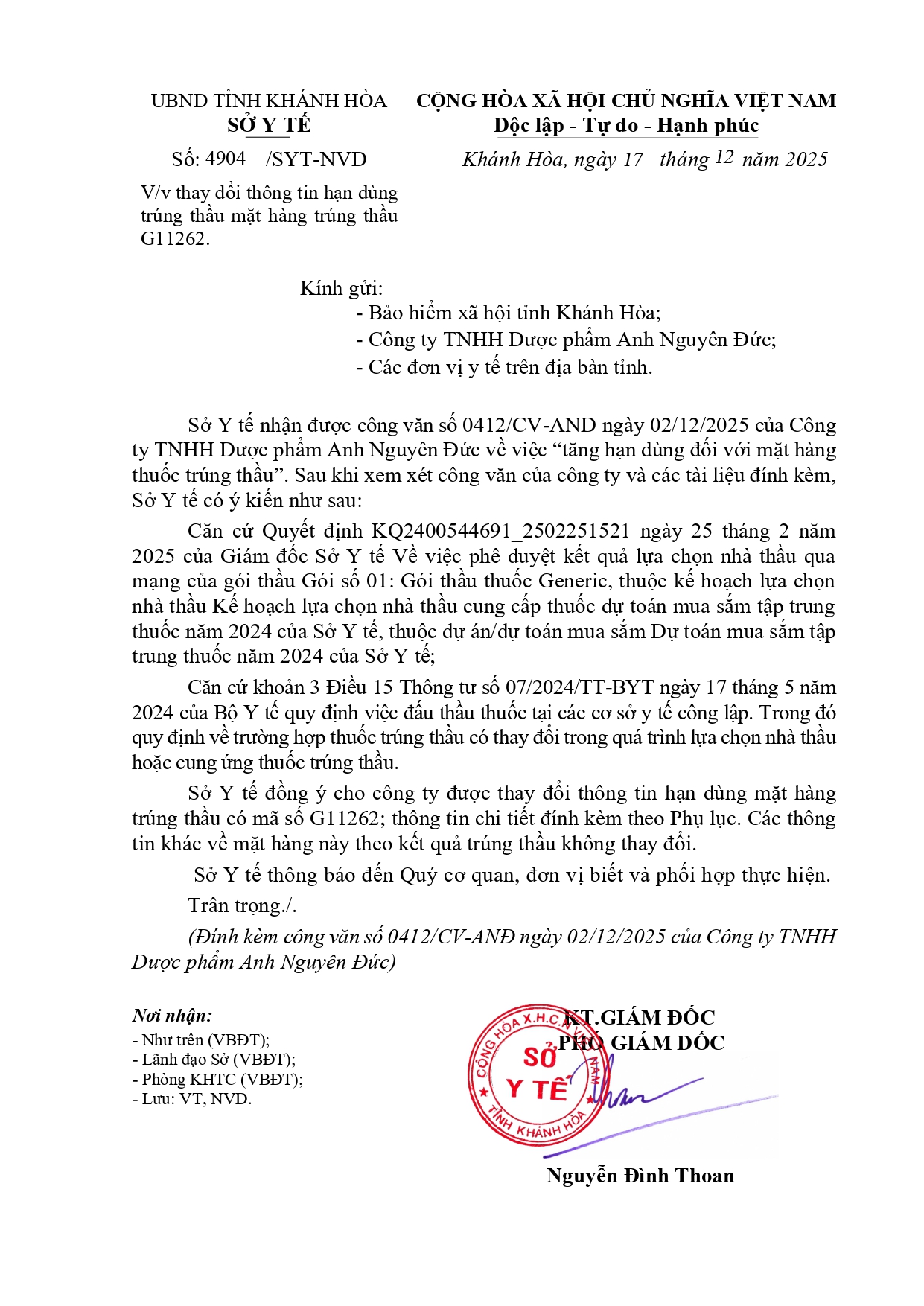 V/v thay đổi thông tin hạn dùng trúng thầu mặt hàng trúng thầu G11262.